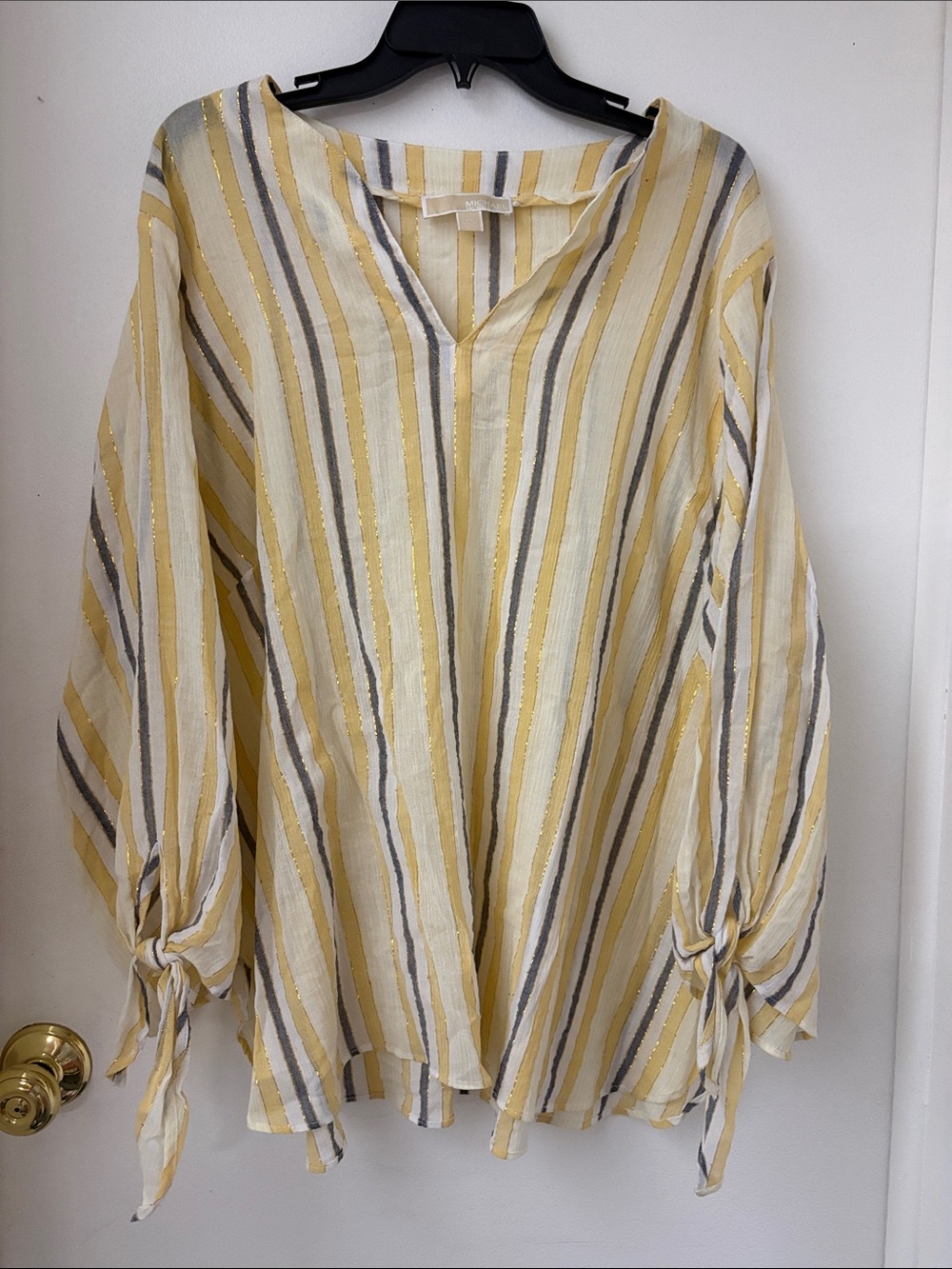 Michael Kors Yellow, White & Gray Striped V-Neck Tie-Sleeve Tunic